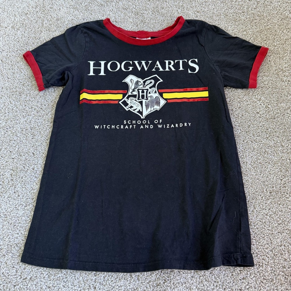 Harry Potter Hogwarts Shirt Womens XS Black Ringer Striped Graphic Tee T-Shirt
